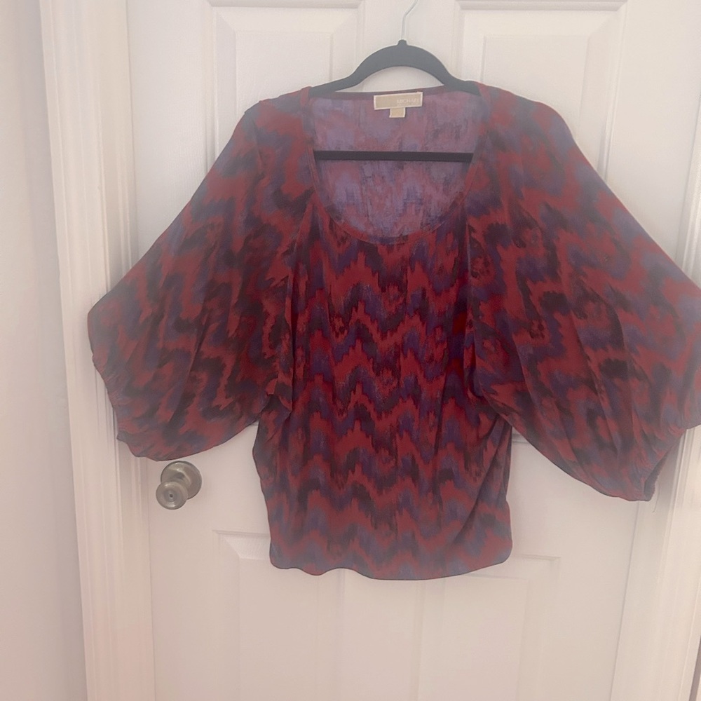 Michael Kors Red and Purple Graphic 3/4 Elastic Sleeve Blouse